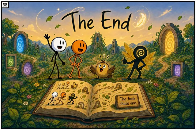 Clark, Bradley, Bird, and the Portal Guardian at the end of their adventure